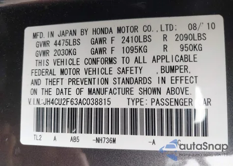 2010 Acura Tsx 2.4 z USA, uszkodzony, nr VIN JH4CU2F63AC038815